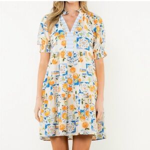 THML Cream Tunic Dress with Blue Tile & Orange Citrus Print - new with tags